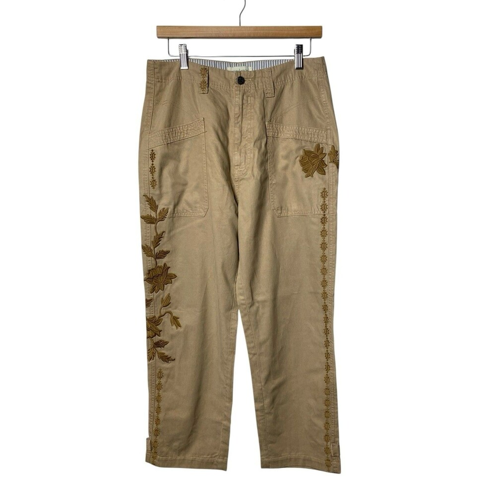Sundance Shadow Garden Cropped Pants Womens 10 Khaki Floral Embroidered Boho